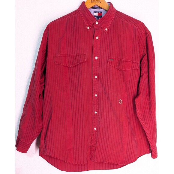 Tommy Hilfiger Shirt Mens Large Red Plaid Logo Button Up Long Sleeve (938) - Picture 1 of 3
